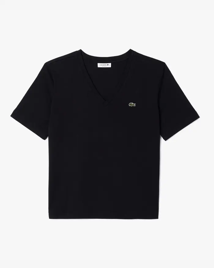 T-shirt boxy nera Lacoste con scollo a V in cotone con coccodrillo verde ricamato sul petto