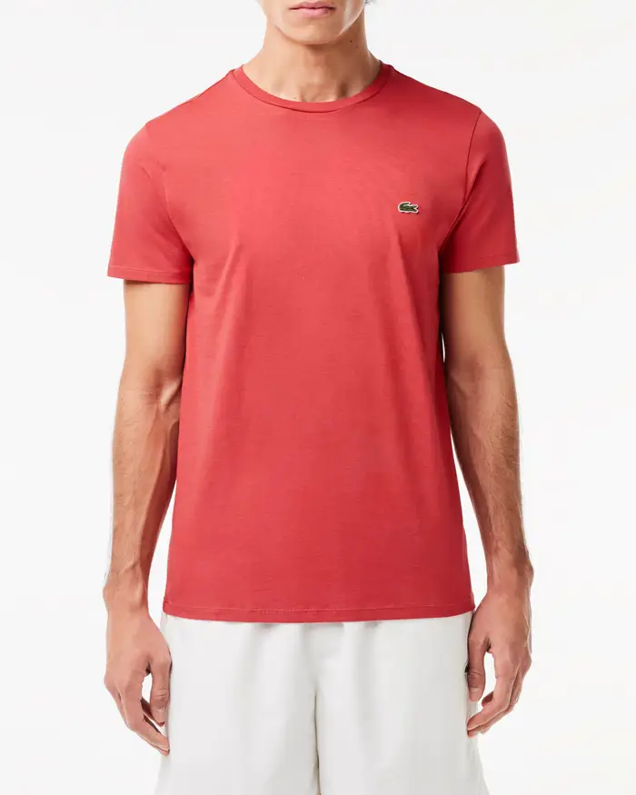 T-shirt corallo in pima cotton con logo coccodrillo verde