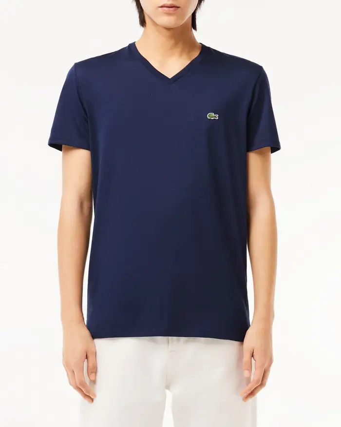 T-shirt Lacoste blu in pima cotton con scollo a V e logo coccodrillo verde