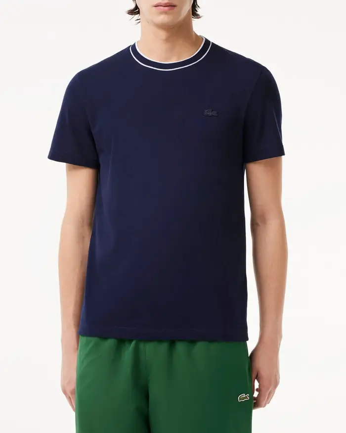 T-shirt Lacoste blu mezza manica in piquè di cotone stretch con bordino bianco sul collo