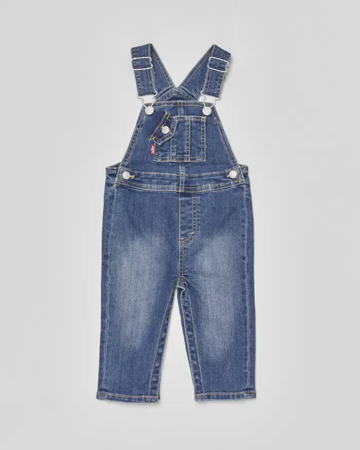 Salopette in denim di cotone lavaggio medio stone washed con bretelle e tascone frontale 6-12 mesi