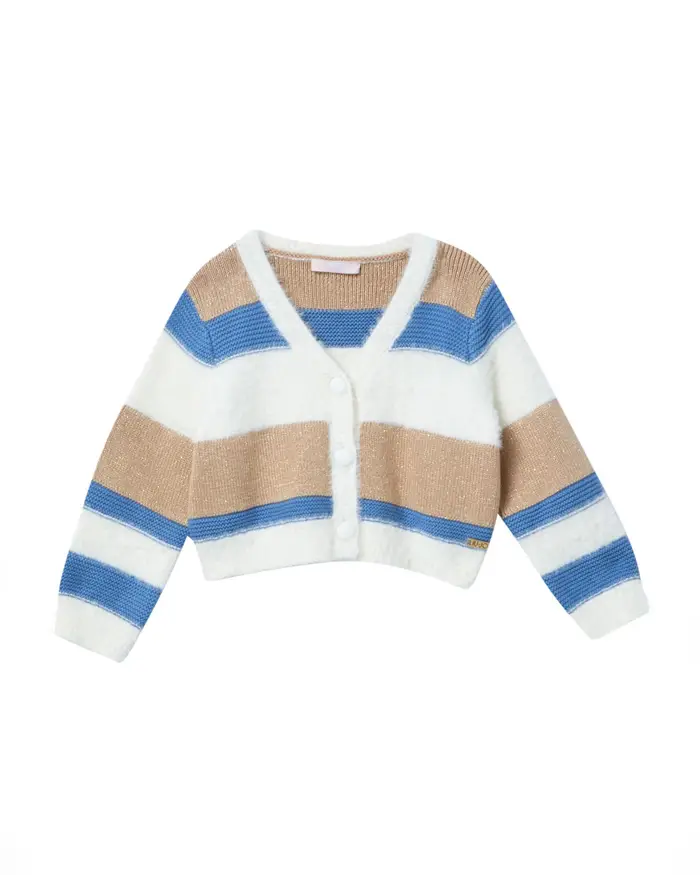 Cardigan celeste bianco e beige lurex in misto viscosa e cotone