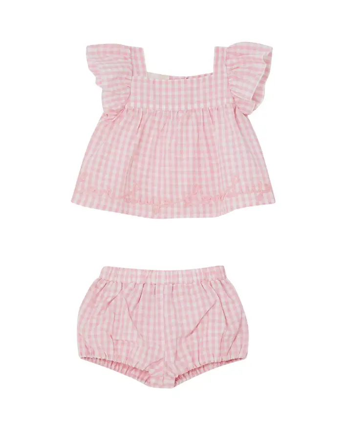 Completo in cotone a fantasia vichy rosa e bianca composto da abito e coulotte