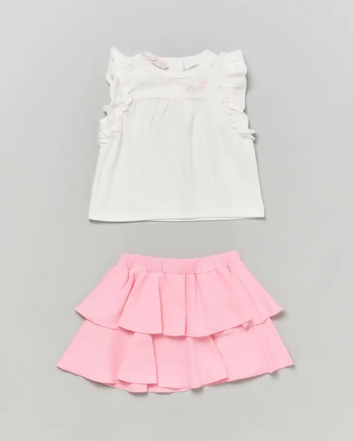 Completo in cotone stretch Liu-Jo composto da canotta bianca e mini gonna rosa