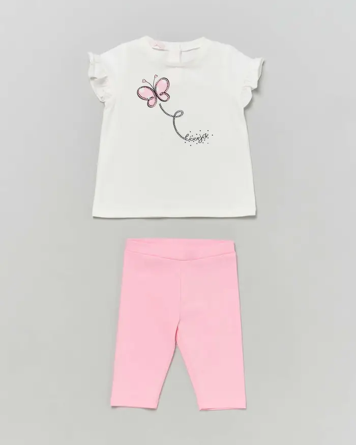 Completo in cotone stretch Liu-Jo composto da t-shirt bianca e leggins rosa