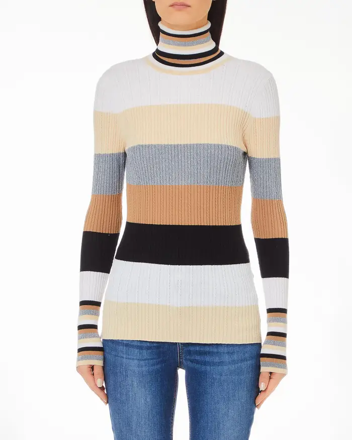 Dolcevita slim fit in misto viscosa a coste a blocchi di colore bianchi grigi e cammello