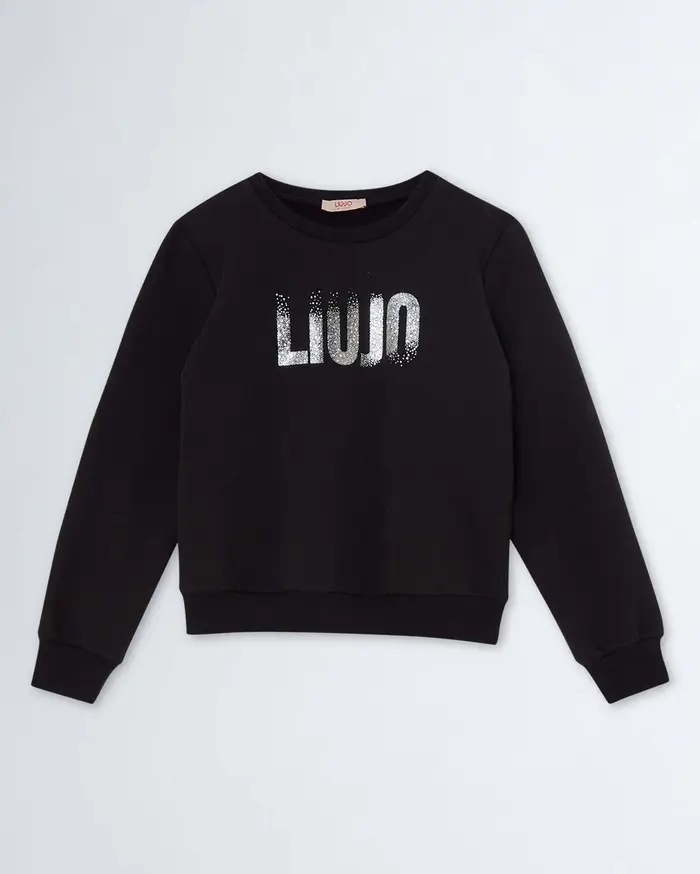 Felpa in cotone stretch nera con stampa logo glitterata