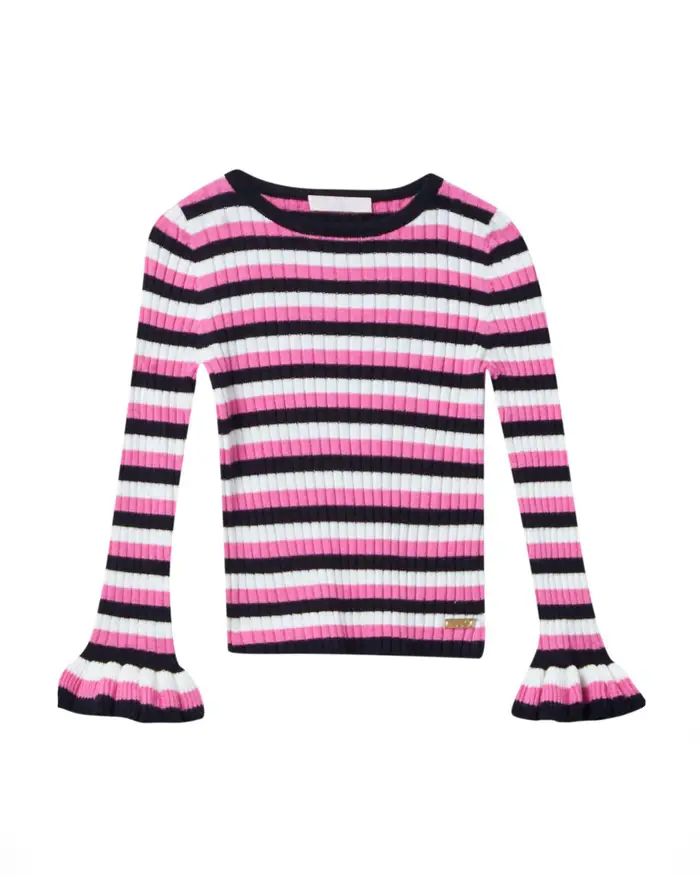 Maglia in misto viscosa e cotone a costine nera bianca e fucsia con maniche a volant