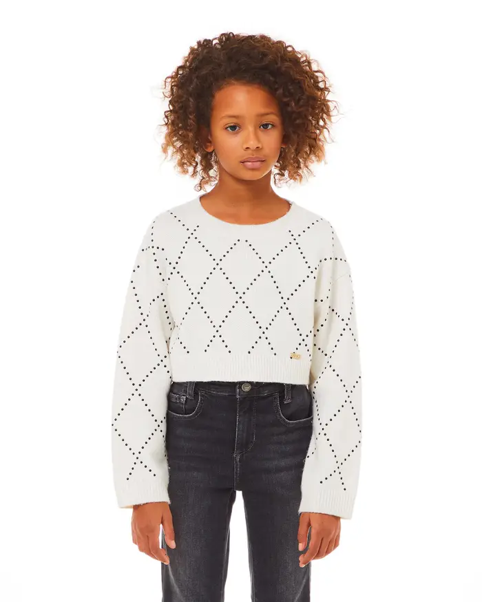 Maglia Liu Jo bianca cropped in lana e cashmere con borchiette nere a rombi