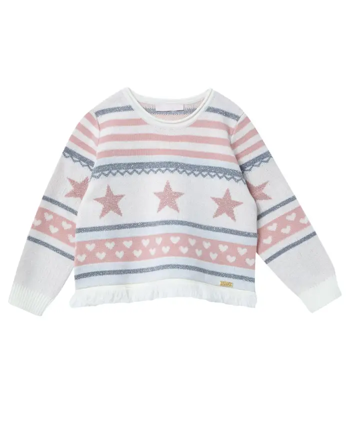 Maglia Liu-Jo in misto lana a fantasia rosa e grigia glitterata con orlo sfrangiato