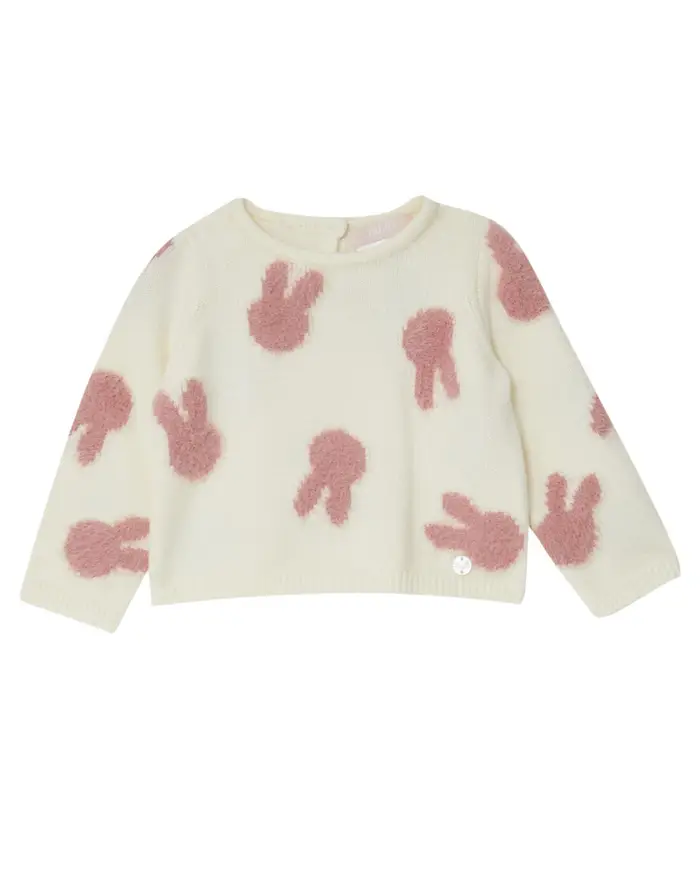 Maglia panna in misto viscosa con ricami coniglietto rosa