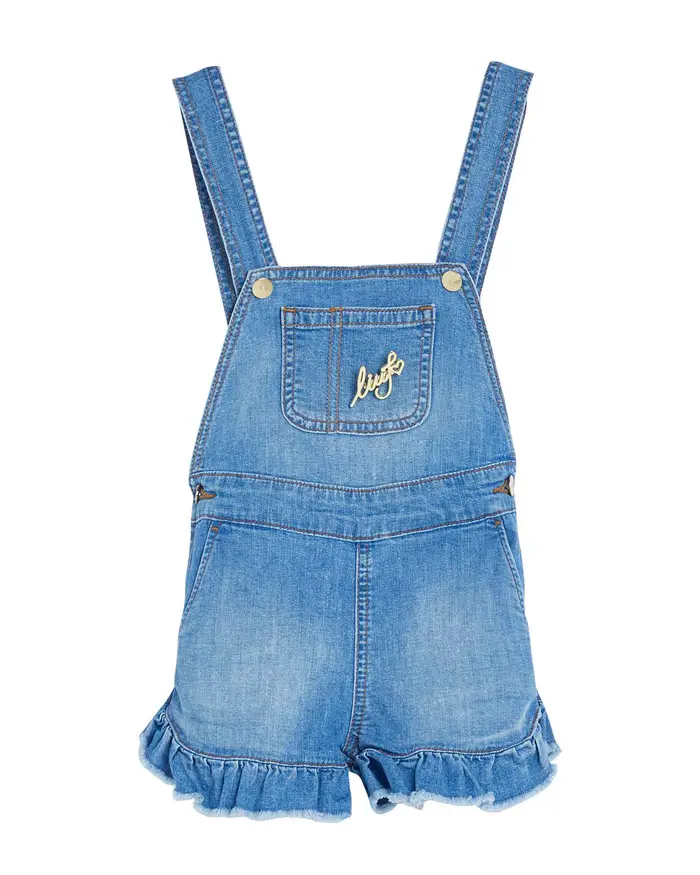Salopette azzurra in denim con pantaloni corti e spilla gioiello 3-6 anni