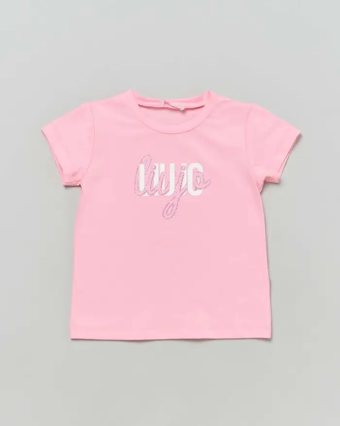 T-shirt rosa in cotone stretch a maniche corte con stampa logo bianca con strass
