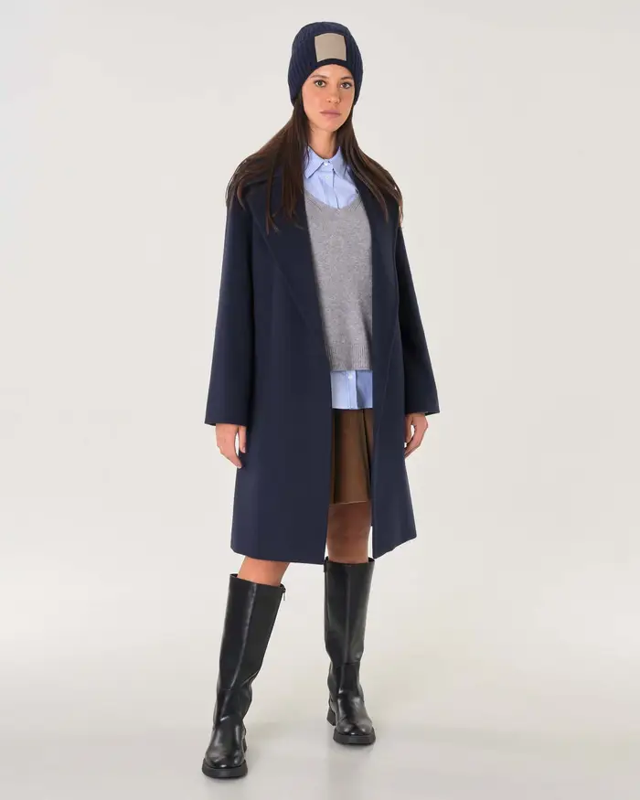 Cappotto midi a vestaglia Max Mara Studio blu in drap di pura lana con rever ampio