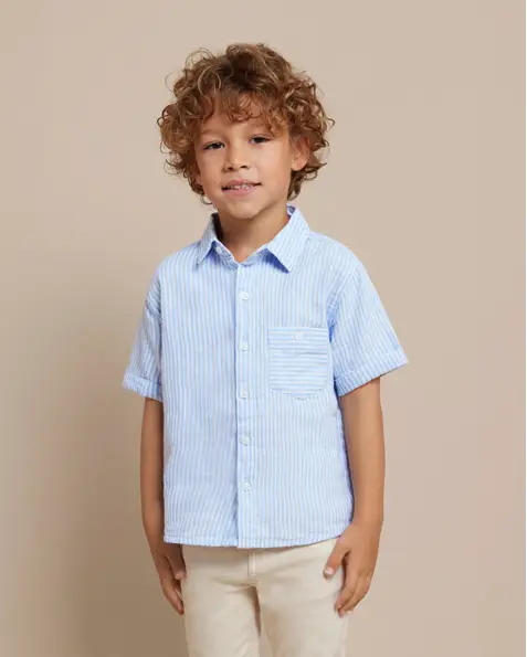Camicia in cotone a maniche corte a fantasia rigata azzurra e bianca