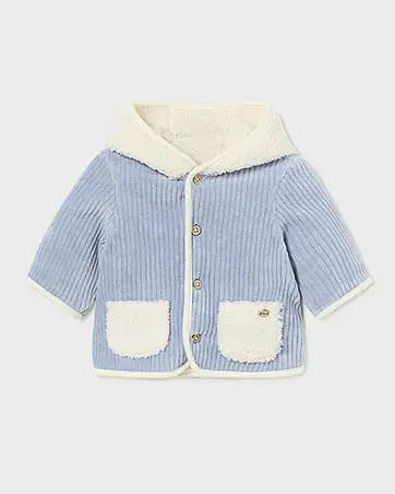 Cappotto Mayoral azzurro in velluto a costine reversibile in tessuto teddy bianco con cappuccio