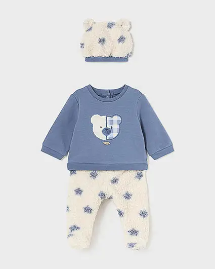 Completo in cotone stretch a tre pezzi avio e panna