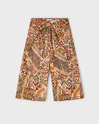 Pantalone a palazzo in cotone a fantasia etnica arancione e verde militare con coulisse 3-7 anni