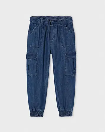 Pantalone cargo blu denim in cotone con cintura