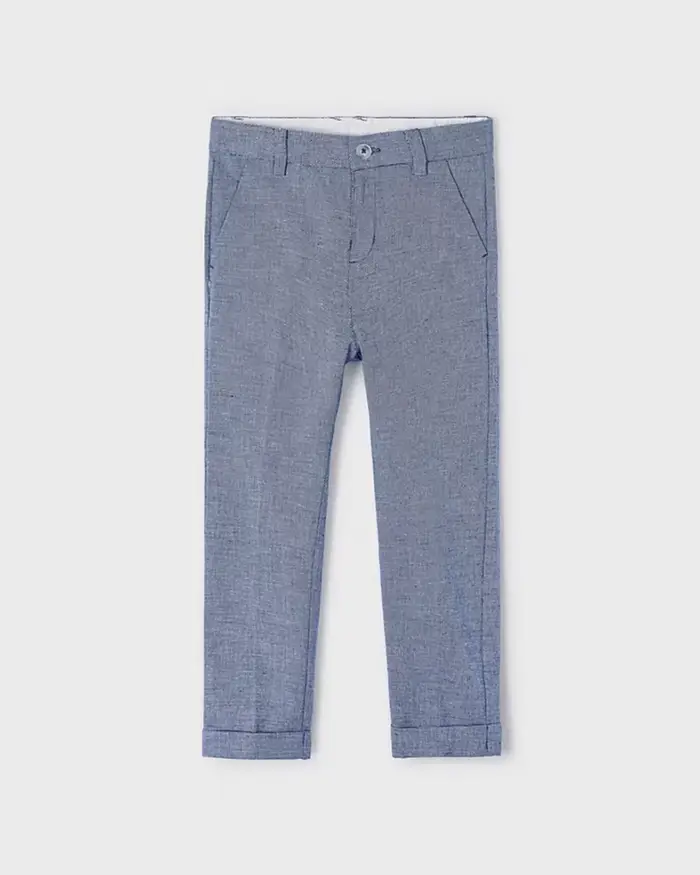Pantalone chino blu in lino e cotone effetto melange