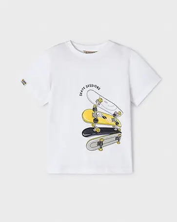 T-shirt bianca in cotone a maniche corte con stampa skate nera e gialla 3-7 anni