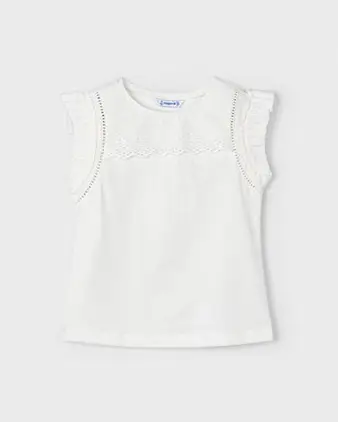 T-shirt bianca in cotone con maniche a volants e dettagli sangallo
