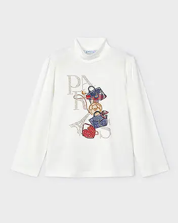 T-shirt Mayoral a lupetto bianca in viscosa stretch a maniche lunghe con stampa Paris strass