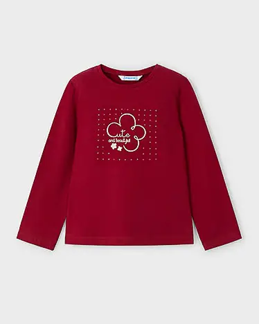 T-shirt Mayoral in cotone stretch rossa a maniche lunghe con stampa fiore