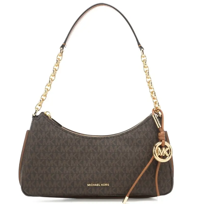 Michael Kors borsa a spalla da donna con stampa pattern logo monogram e manico in catena con spallina marrone acorn