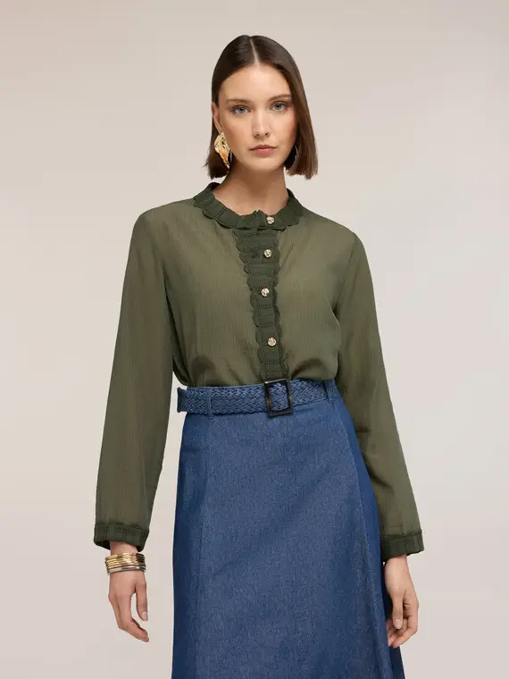 Motivi Camicia misto lyocell con bordi in maglia Donna, Verde militare