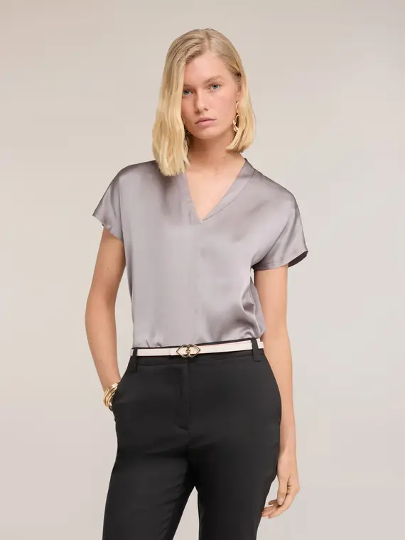 Motivi T-shirt bimaterica con scollo a V Donna, Grigio