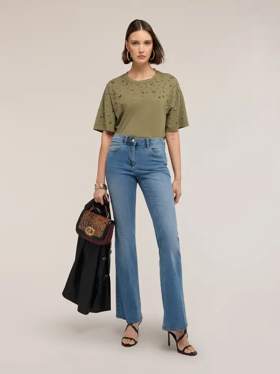 Motivi T-shirt con applicazioni gioiello di pietre Donna, Verde militare