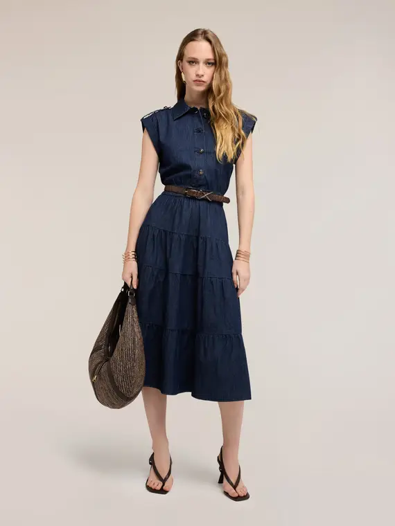 Motivi Vestito chemisier in denim con gonna a balze Donna, Blu
