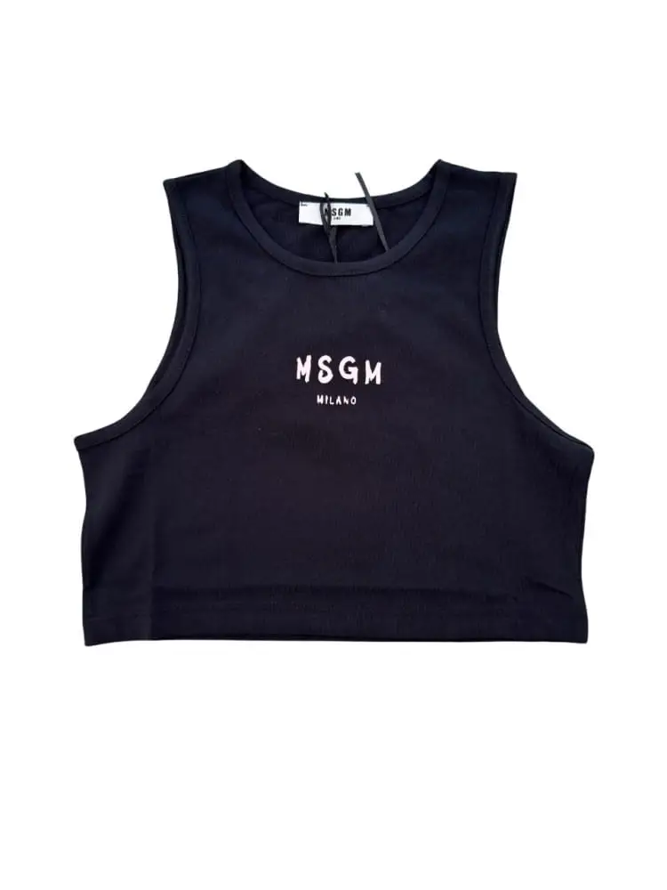 Msgm canotta nera bambina crop mini logo
