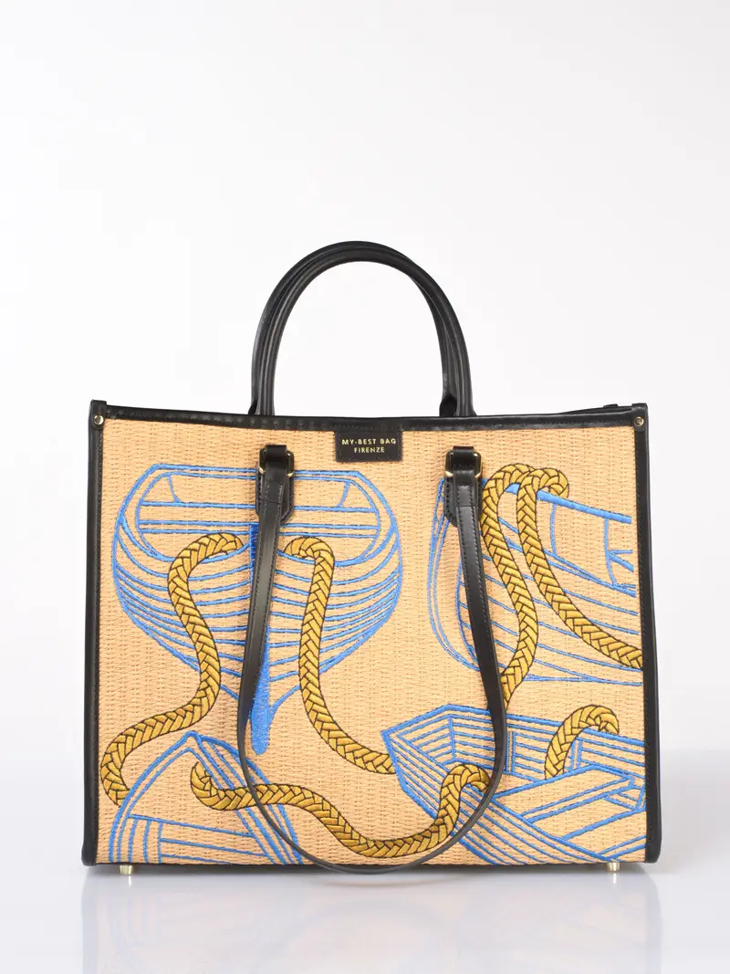 MY BEST BAG borsa a mano da donna Tote effetto raffia con ricami BEIGE