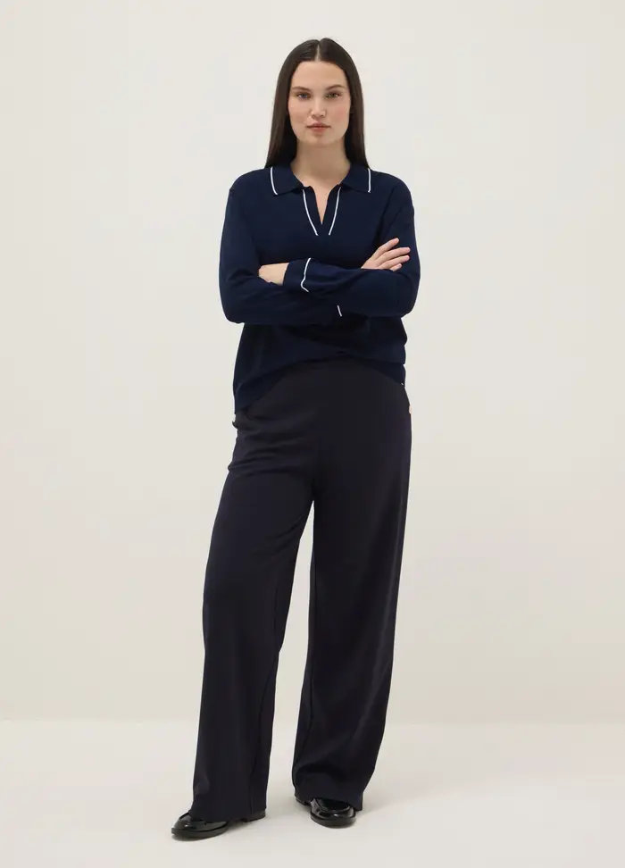 Maglione In Misto Viscosa Blu Con Colletto A Polo Regular Fit, Donna, Blu