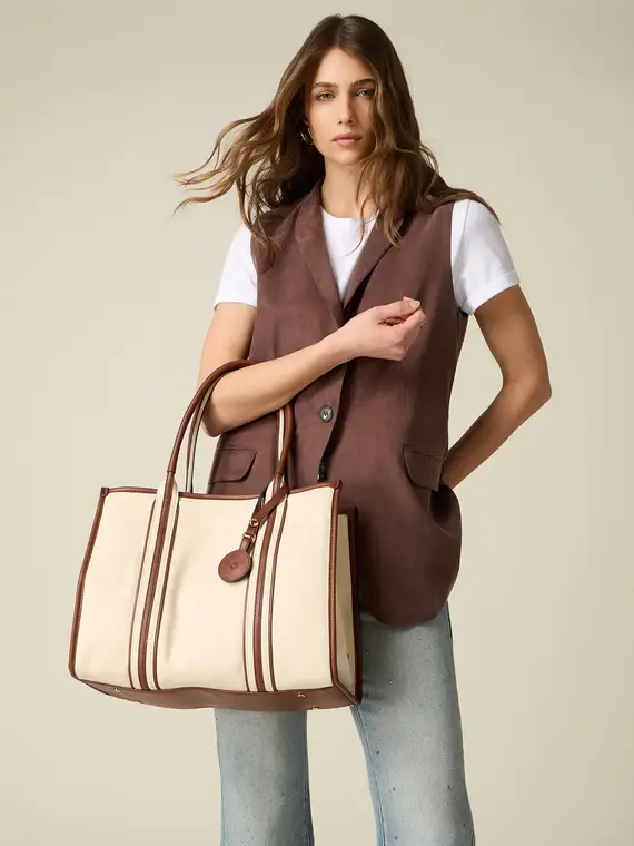 Oltre Shopper bicolor in tessuto con charm Donna, Beige