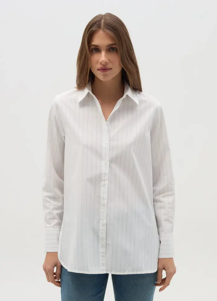 Camicia In Cotone A Righe, Donna, Bianco