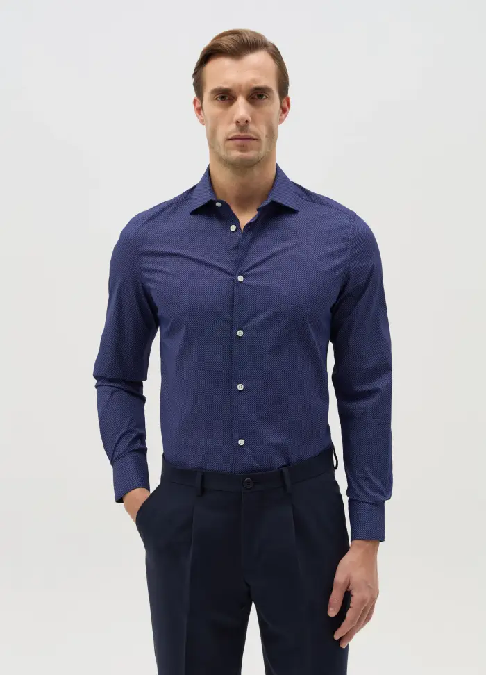 Camicia Slim Fit Micro Fantasia, Uomo, Blu