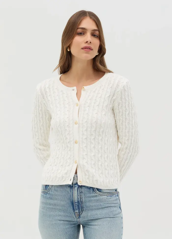 Cardigan A Trecce Con Bottoni Dorati, Donna, Bianco