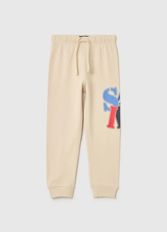 Joggers In Felpa Con Coulisse E Stampa, Bambino, Beige