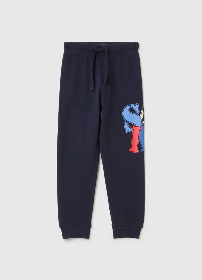 Joggers In Felpa Con Coulisse E Stampa, Bambino, Blu