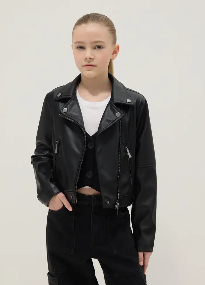 Giacca Biker Nera Da Ragazza Regular Fit Con Zip, Bambina, Nero