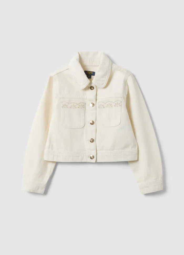 Giacca In Puro Cotone Bianco Da Bambina Regular Fit Con Ricami, Bianco