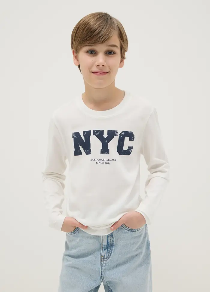 Maglietta Bianca Da Ragazzo In Puro Cotone Regular Fit Con Stampa, Bambino, Bianco