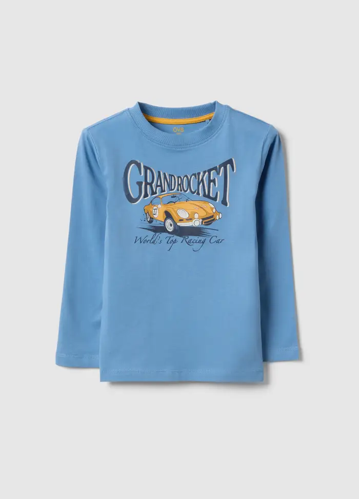 T-shirt Azzurra Da Bambino In Puro Cotone Con Stampa Macchina Regular Fit, Azzurro