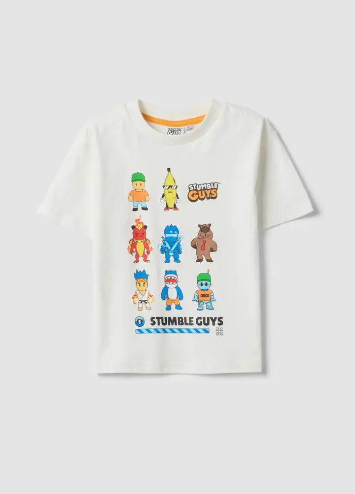 T-shirt Bianca In Puro Cotone Con Stampa Stumble Guys Da Bambino Regular Fit, Bianco