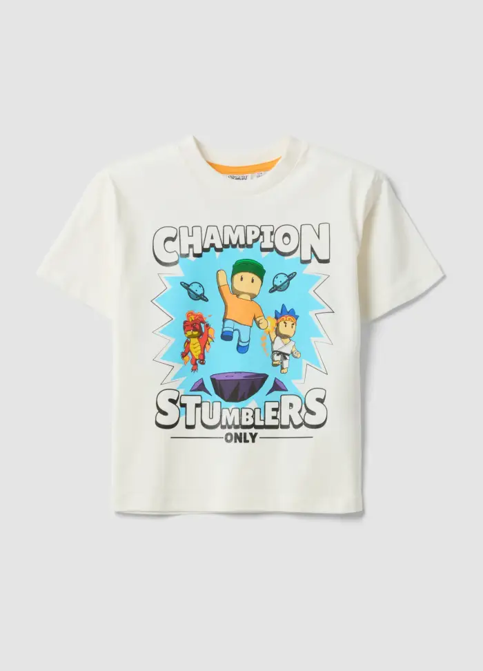 T-shirt Bianca In Puro Cotone Con Stampa Stumble Guys Da Bambino Regular Fit, Multicolor