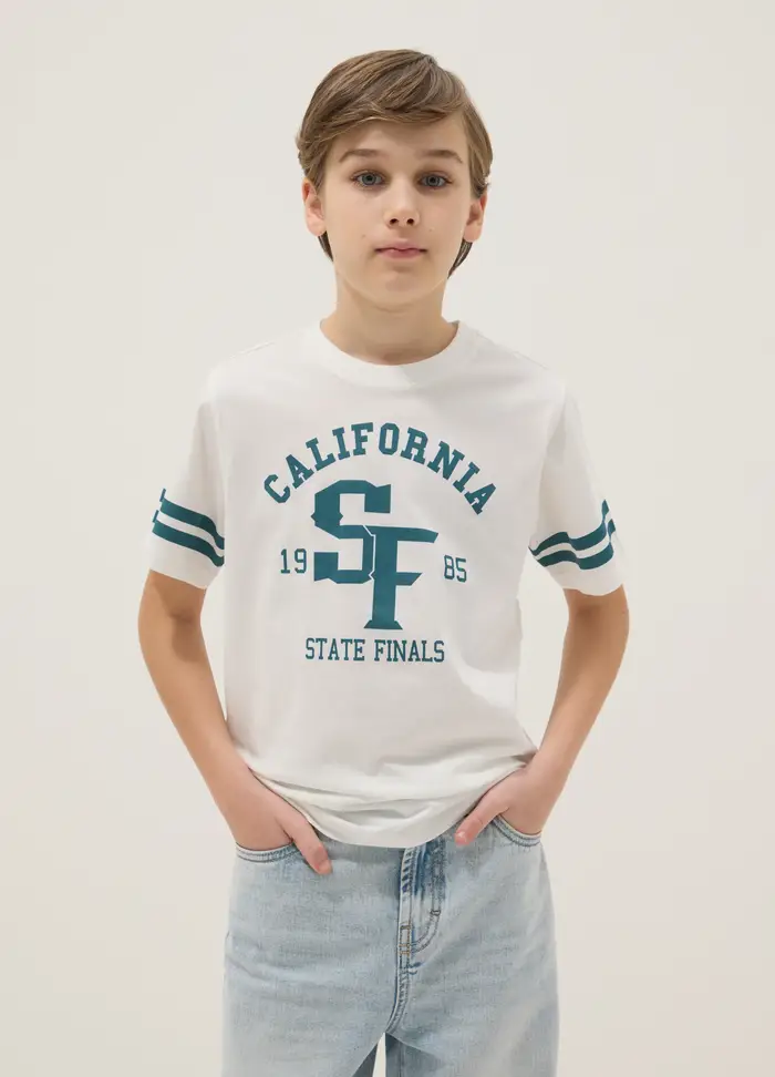 T-shirt Bianca In Puro Cotone Da Ragazzo Con Dettagli Grafici Regular Fit, Bambino, Bianco