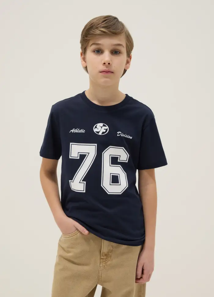 T-shirt Blu In Puro Cotone Da Ragazzo Con Stampa Regular Fit, Bambino, Blu